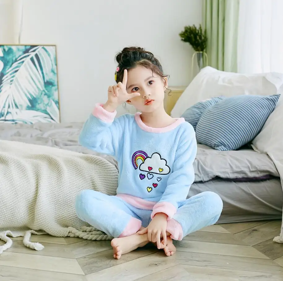 

Hot Sell children sleepwear 3-12Year Cartoon Girls Pajama Sets Plush Warm Toddler Boys home Clothes Baby&Kids Nightie Clothing