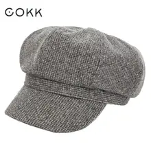 COKK New Winter Hat Female Thickened Knitted Cashmere Newsboy Cap Beret Octagonal Hat Vintage Bonnet British Style