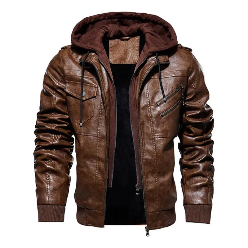 Зимняя мужская кожаная куртка, мотоциклетная куртка с капюшоном, мужская теплая куртка из искусственной кожи для отдыха, M-4XL