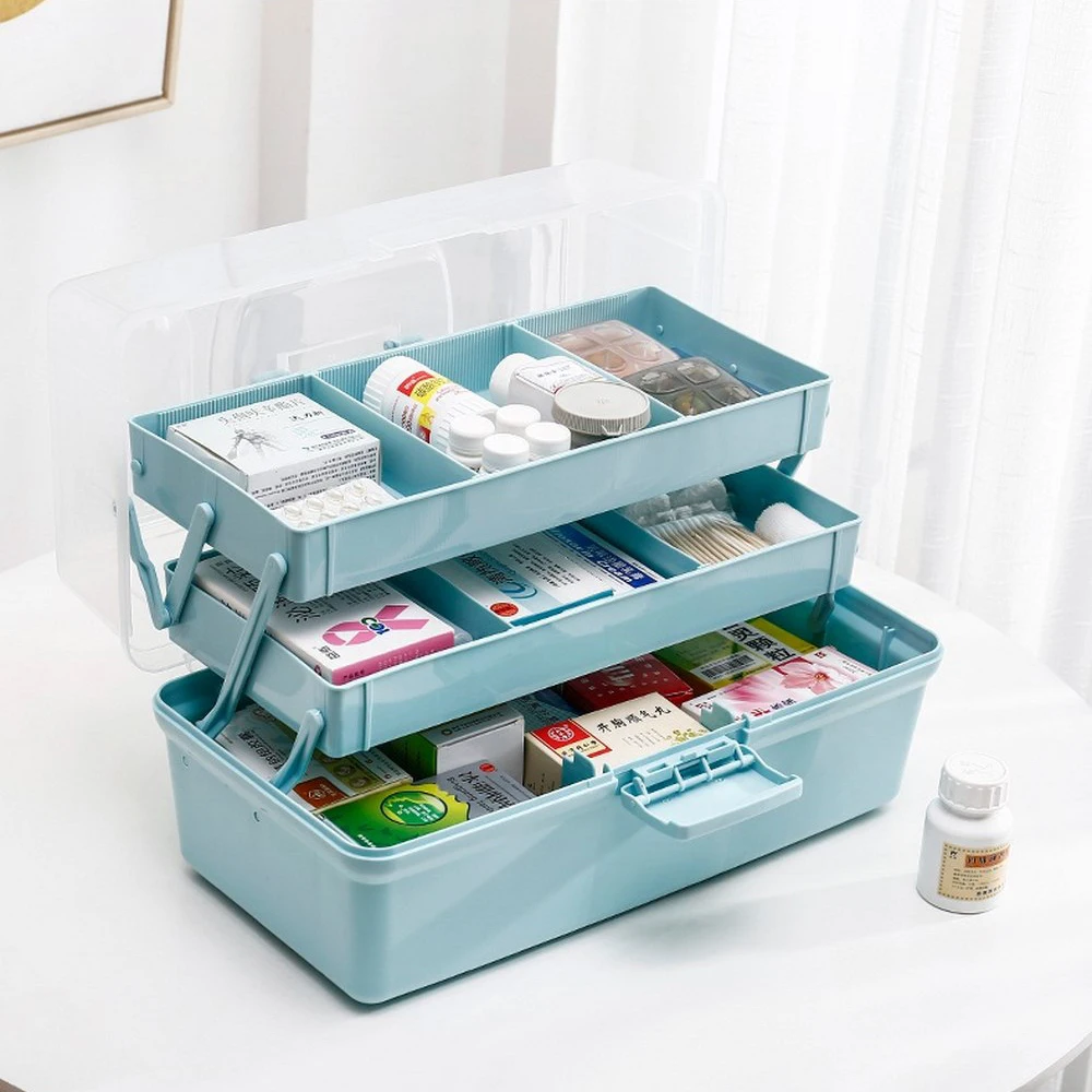 

Three-Tier Medicine Box For First Aid Kit Plastic Folding Medical Chest Organizer For Makeup Stationery 6 Grid Storage Boxes