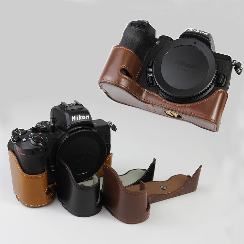Custodia Portatile In Pelle Pu Custodia Per Fotocamera Per Nikon Z50 Slr Half Body Shell Con Apertura Della Batteria