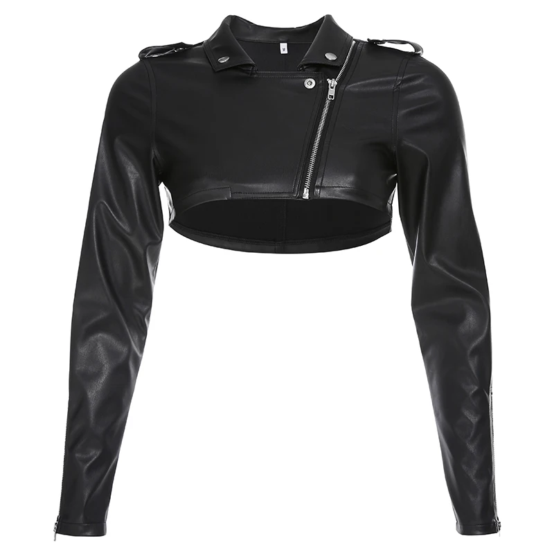 Iamhotty, черная укороченная куртка из искусственной кожи, уличная одежда в стиле панк, женские пальто с длинным рукавом и отложным воротником на молнии, короткая куртка, мода - Цвет: Черный