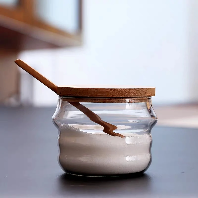 Creative Embossed Glass Spice Jar with Lid Spoon Peppercumin Box Kitchen  Salt Sugar Jar Food Grain Storage Kitchen Utensils New