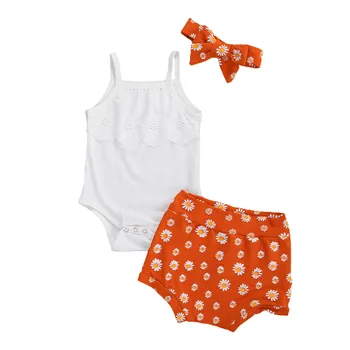 

Infant Baby Girl Summer Clothes Set Lace Sleeveless Sling Tops Romper High Waist Flower Printed Shorts Bow Headband 3Pcs Clothes