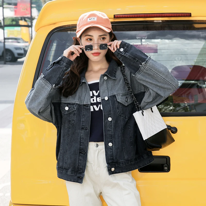 

2019 autumn long-sleeved stitching new denim short coat shirt women
