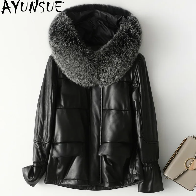 

Куртка AYUNSUE женская из натуральной кожи, пуховик с воротником из лисьего меха и капюшоном, теплая парка из овчины на осень и зиму, 2020