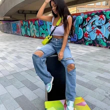 

Sexy High Waist Women Jeans Casual Hole Loose Straight Soft Pants Fashion Spring and Summer High Street Wide Leg Denim Trousers