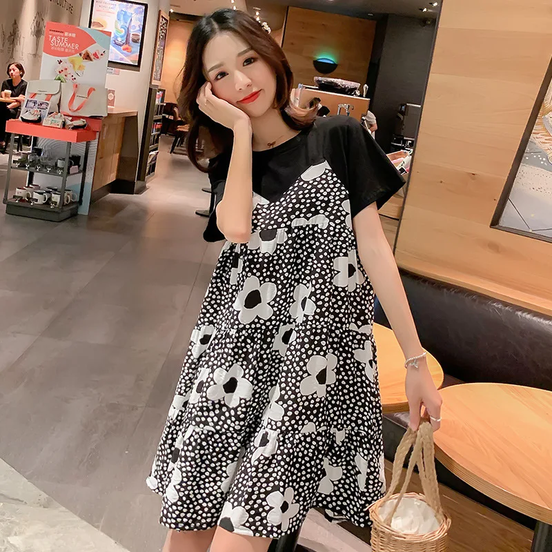 

Maternity Clothes Summer Fashion Loose Mock Two-Piece A- line Skirt 2019 New Style Korean-style Short Sleeve Joint Chiffon Dress