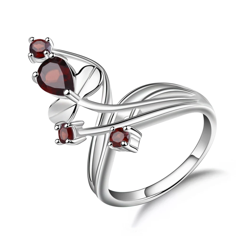 Garnet Gem's Ballet, 0.97Ct, натуральный зеленый агат, натуральный камень, кольцо, твердый 925 пробы, Серебряный цветок, кольцо для женщин, свадебное ювелирное изделие - Цвет камня: Garnet