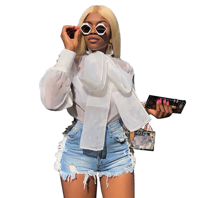 

Loose Blouse Plus Size Ladies Tops Solid Casual Puff Sleeve Women Long Sleeve Bow Collar Shirts See Through Top Women Sexy Shirt