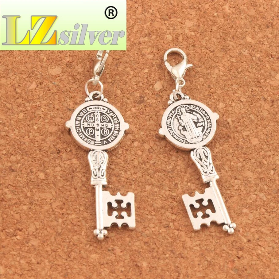 60PCS Zinc Alloy Saint Benedict Medal Cross Smqlivb Key Clasp European Lobster Trigger Clip On Charm Beads c1686 55.3X16.4mm