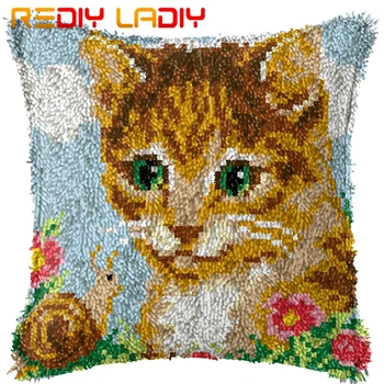 

Latch Hook Cushion Cat & Snail Pre-Printed Canvas Cushion Front Acrylic Yarn Crochet Pillow Case Set Hobby & Crafts Home Decor