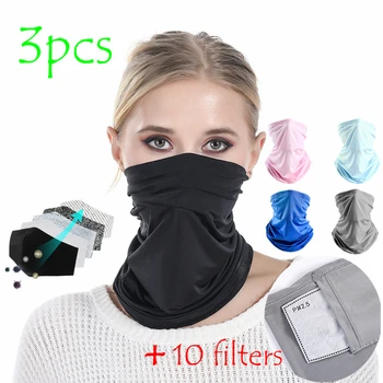 

3 Pcs Multi Functional Mouth Face Mask Ice Silk Sunscreen Cap Scarf Outdoor Pollution Safety Mask PM2.5 Activated Carbon Filter