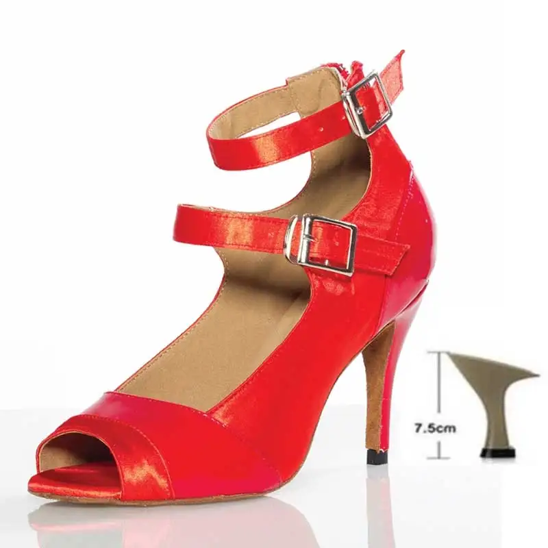 Обувь для Танцы Дамская обувь Атласные босоножки на высоком каблуке, Туфли для латинских танцев для девочек, бальные туфли для сальсы Танцы кроссовки обувь черного цвета на низком каблуке; 6/7. 5/8. 5/10 см - Цвет: Red 7.5CM