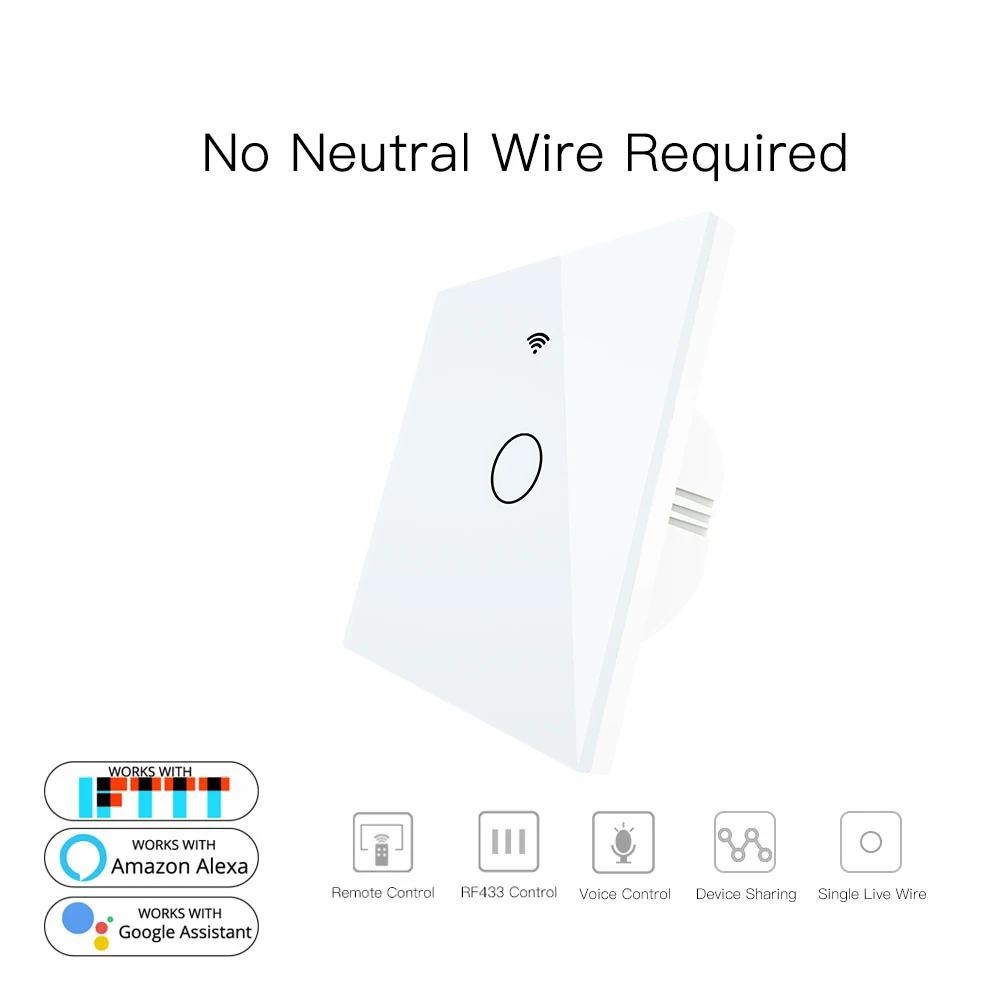 Wi-Fi умный настенный выключатель без нейтрального провода нужен беспроводной смарт-пульт дистанционного управления туя один огонь работа с Alexa RF433 - Цвет: 1 Gang White