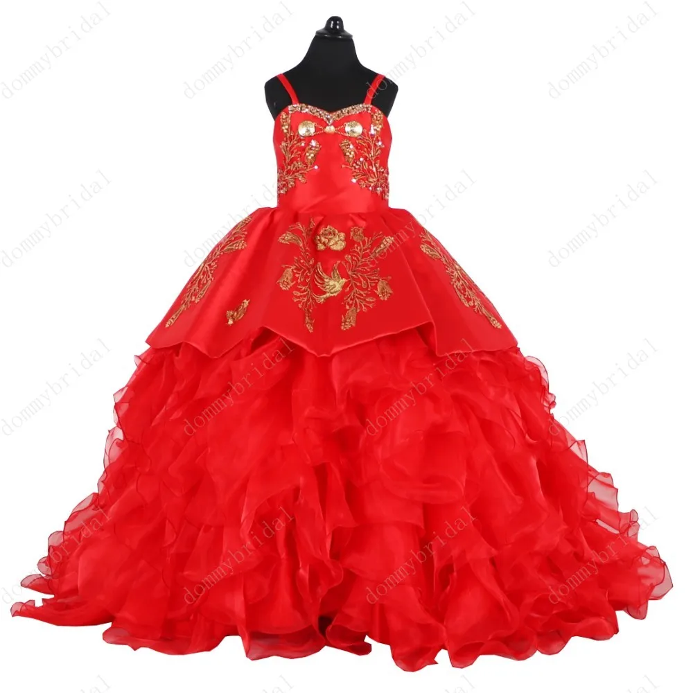 

2023 удивительное бальное платье с красной и золотой вышивкой, Детские Платья с цветочным рисунком для девочек, атласное женское платье для первого причастия и выпускного вечера