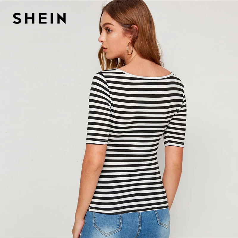 SHEIN черная и белая полосатая печать квадратная Шея тонкая облегающая футболка Basics футболка женские осенние повседневные футболки Топы с коротким рукавом