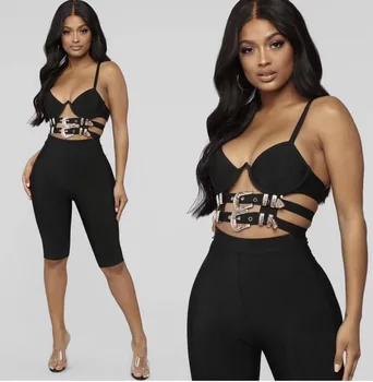 

New Fashion Sexy Women Sets V-Neck Black Top Knee-Length Skirt Bandage Party Sets Top Quality