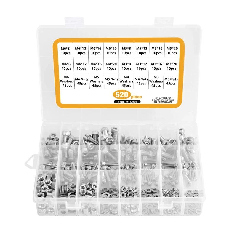 

520 Pcs Hex Socket Head Cap Screws Nuts, M3 M4 M5 M6 Hex Socket Head Cap Screws Assortment Set Kit with Storage Box