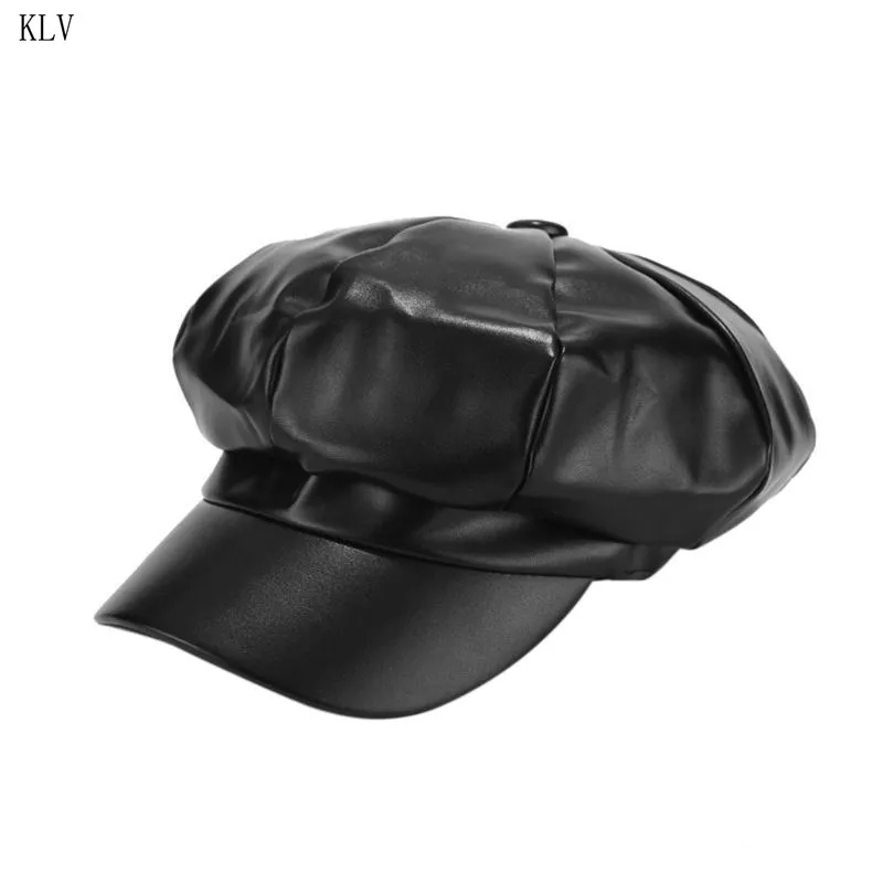 Новая восьмиугольная кепка из искусственной кожи, женская классическая ретро простая Кепка, шапки для отдыха на открытом воздухе - Цвет: B