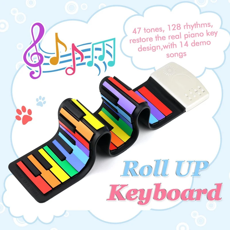 ABUO-Color 49 Standard Keys Flexible Kids Piano Keyboard Flexible Roll Up Keyboard Piano Built-In Lithium Battery Completely Por