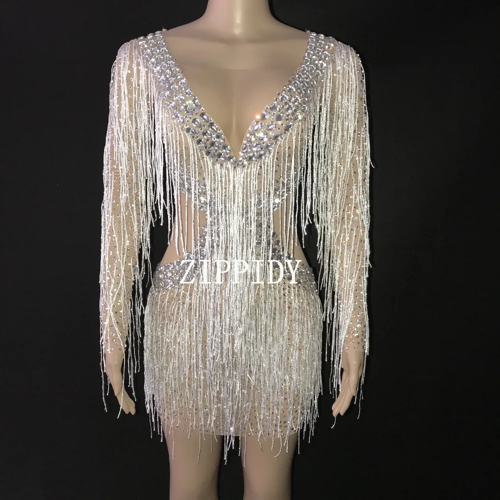

Fashion Silver Rhinestones Fringes Dress Lady Prom Evening Outfit Bar Singer See Through Mesh Dress Shining Tassels Dress