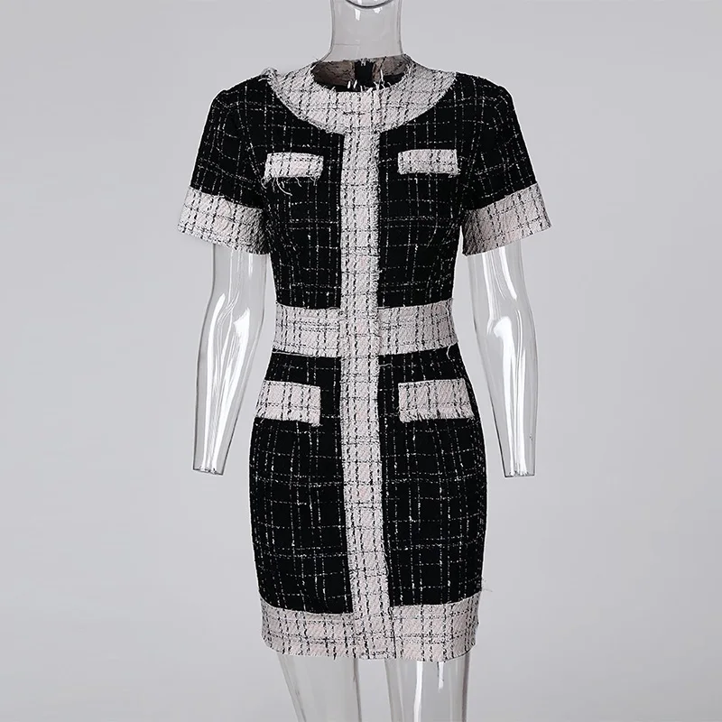Colorblock Frayed Fringed Plaid Buttoned Blazer Dress Women Round Neck Short Sleeve Casual Mini Dress Workwear