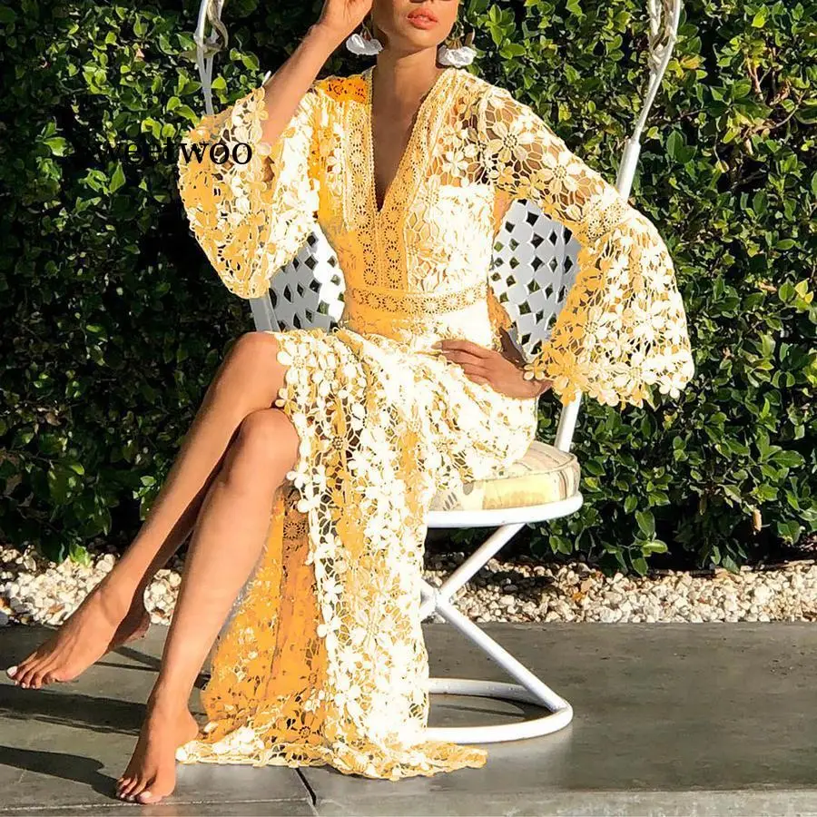 Women Dresses White Lace Dress Flare Sleeve V-neck Hollow Out Long Sleeve  Sexy Long Dresses 2020 Party Vestido de novi