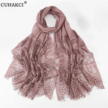 

CUHAKCI Women's Fashion Muslim Hijab Plain Lace Shawl Floral Patchwork Viscose Shawl Long Scarf High Quality Head Wraps 180*70cm
