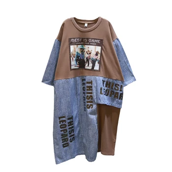 

2020 summer new Korean large size fat mm retro printing denim stitching mid-length loose dress short sleeves