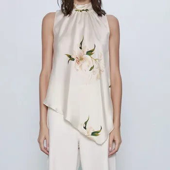 

ZA Elegant Satin Summer Blouse Women 2020 Turtleneck Asymmetric Hem Back Opening Bow Tops Female Chic Flowers Print Shirt Blusas