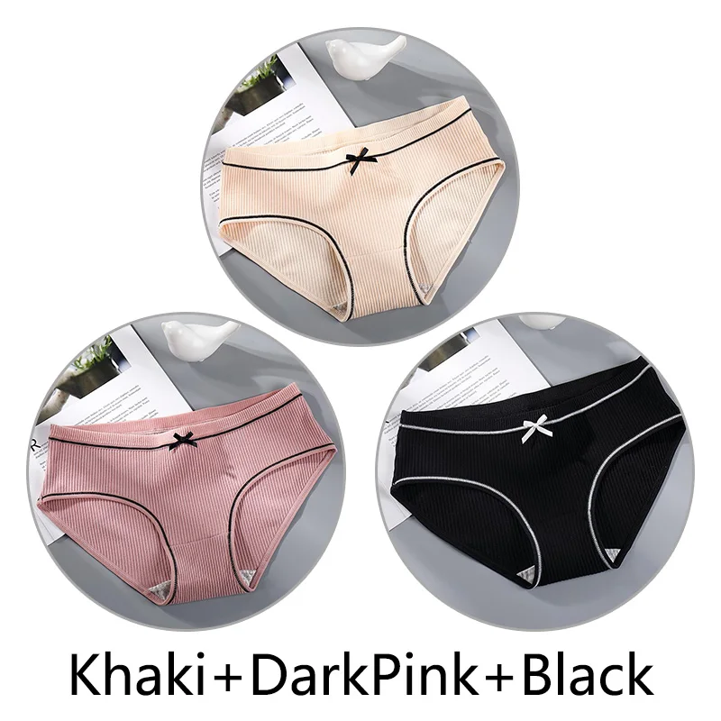Khaki D-Pink Black 3 шт./партия, хлопковое нижнее белье, женские однотонные сексуальные трусы, бесшовные, средняя посадка, трусики, женское нижнее белье, мягкие интимные трусики с бантом - Цвет: Khaki D-Pink Black