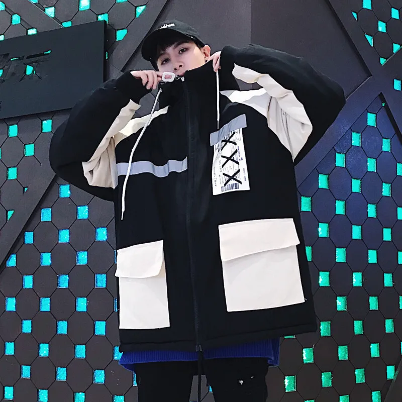 Светоотражающая куртка Мужская модная контрастная цветная Повседневный хлопковый с капюшоном куртка мужская уличная хип хоп Свободная куртка-бомбер мужская одежда
