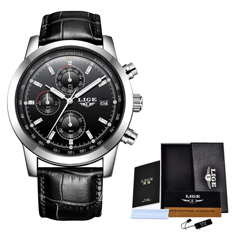 Silver black LIGE, новинка, мужские часы, модные, спортивные, кварцевые, наручные часы, мужские, лучший бренд, люкс класс, кожа, бизнес, водонепроницаемые часы, Relogio Masculino - Цвет: Silver black