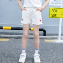 Детские шорты г., летние джинсовые шорты для девочек среднего и большого размера с вышивкой в виде сердца