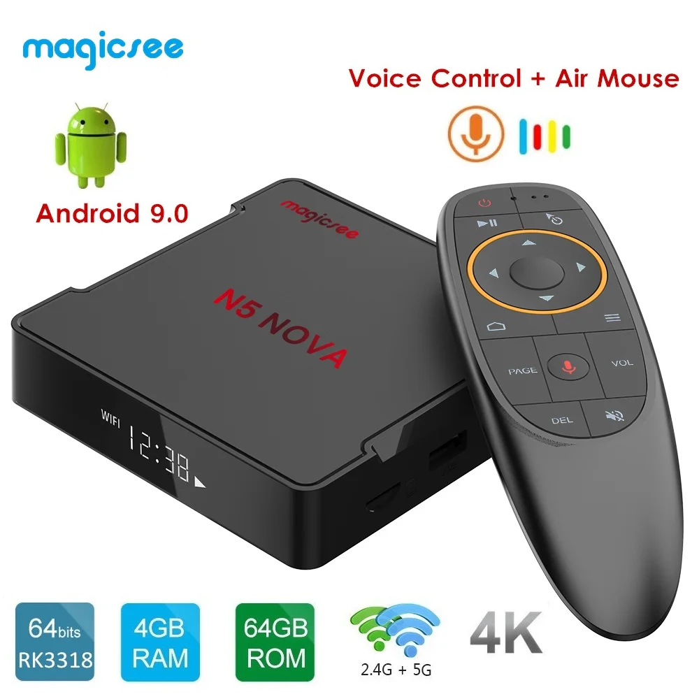 MAGICSEE N5 NOVA Android 9 0 ТВ приставка RK3318 4 Гб ОЗУ 64 ПЗУ 2 ГГц + 5 WiFi Голосовое управление