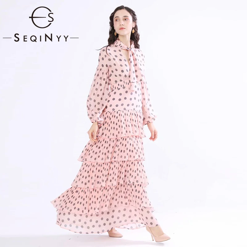 

SEQINYY Chiffon Dress 2020 Summer Spring New Fashion Design Women Long Sleeve Polka Dot Pleat Ruffles Pink Elegant Long Dress