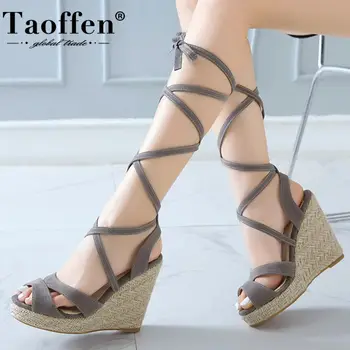 

Taoffen Summer Sandals Boots Cross Strap Wedges Flock Women Girls Shoes Bohemia Gladiator Hollow Platform Botas Size 34-46