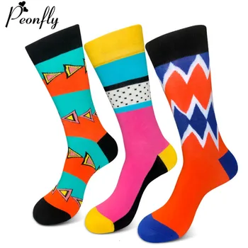 

PEONFLY 2019 Hot Sale Happy Socks Men Combed Cotton Funny Autumn Winter New Arrival Colorful Geometry Calcetines Hombre