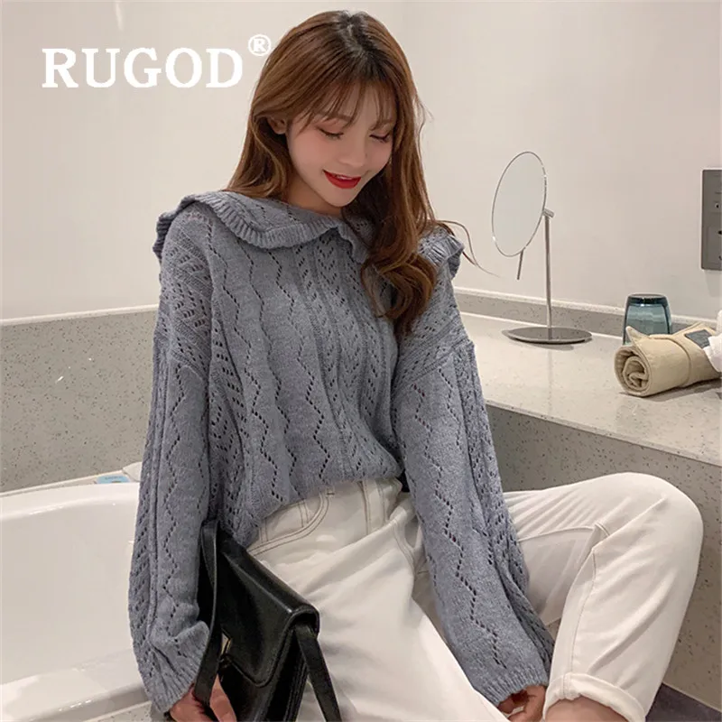 RUGOD, свитер с темно-синим воротником, женский,, однотонный, длинный рукав, вязанный, пуловер, корейский стиль, свободный свитер, Повседневный, для девушек, Trui Dames