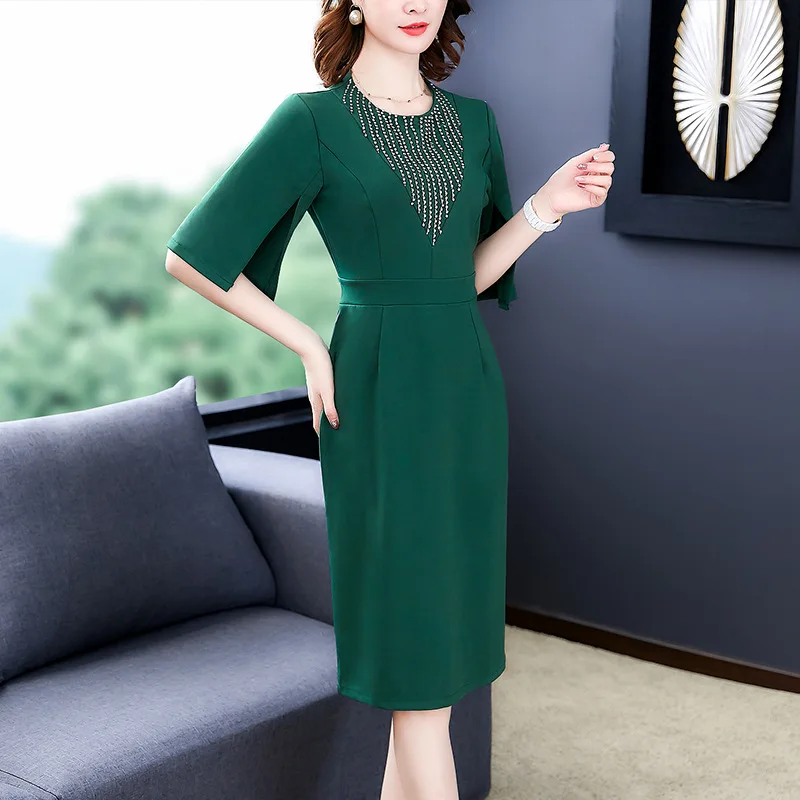 

Europe And America Western Style Beads Dress WOMEN'S Short Sleeved 2020 Spring Summer Style French Retro Slim Fit Mid-length Ski