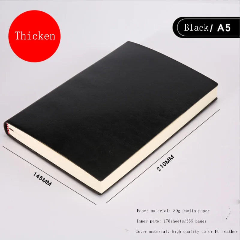 A5 Thicken Black A5, A6, B5, три размера, 4 стиля, 5 цветов, большой деловой ежедневник, кожаный мягкий блокнот, увеличивающий рост, толстый блокнот - Цвет: A5 Thicken Black