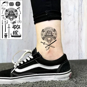 

Waterproof Temporary Tattoo Sticker Sea Warrior Totem Tool Ax Boat Battlehorn Sword Flash Tatoo Fake Tatto for Men Women
