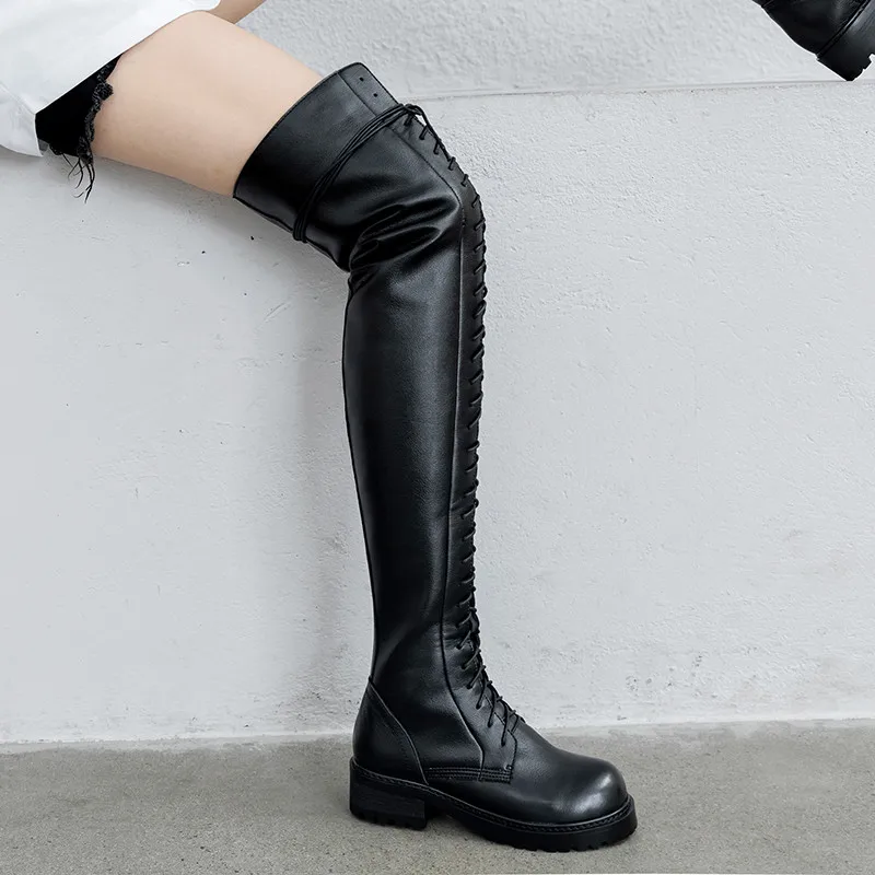 MORAZORA genuine leather shoes women thigh high boots lace up zip low heels platform shoes woman Motorcycle boots black