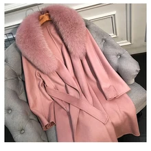 Женская кашемир. удлин. куртка с поясом MaoMaoKong, кашемировая удлиненная куртка с поясом, с воротником, отделанным натуральным мехом лисы, зима