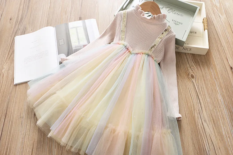 

2019 New Girls knitting Dress Girls elegant sweet Party Casual Tutu Dress Children Autumn Winter rainbow princess Dresses