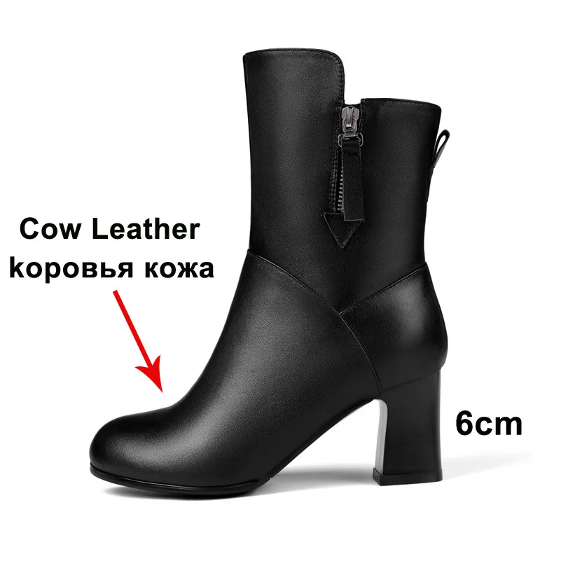 Meotina/Зимние теплые плюшевые ботинки женские ботильоны из натуральной кожи на толстом высоком каблуке обувь на молнии с круглым носком женская обувь; размеры 34-39
