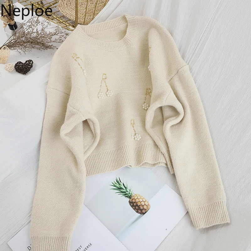 Neploe корейский дизайн с бисером Pull Femme Hiver толстый теплый пуловер с круглым вырезом и длинными рукавами свитер сплошной Свободный вязаный Sueter Winter48246