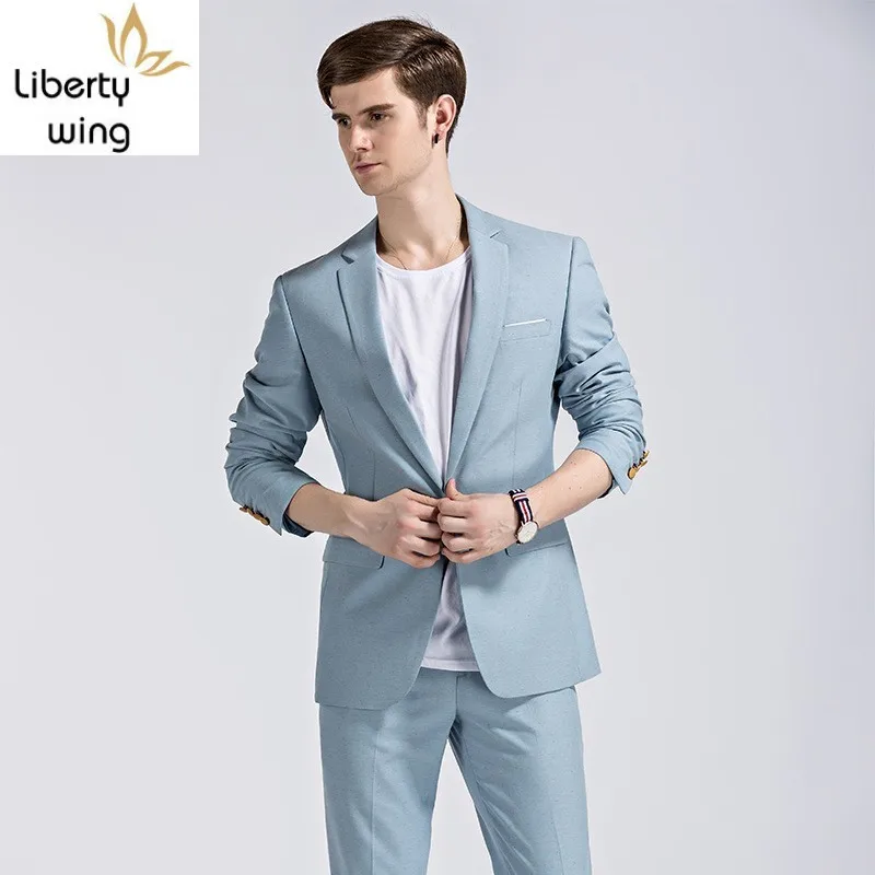 

2020 New Men's Jacket+Vest+Pants Men Wedding Suit Three Pieces Sets Slim Fit Mens Dress suits Latest Designs Light Blue