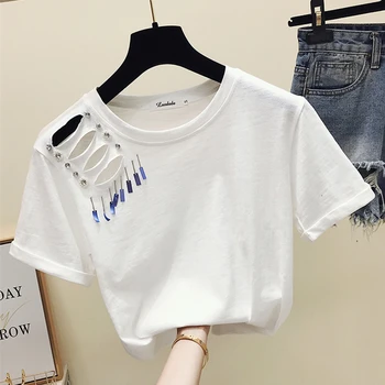 

Woman New Korean Style Loose Fitting 2XL T-shirt Short Sleeve Tshirt Tops Clothes Women's Hollow Holes Tee Tees Students Tops